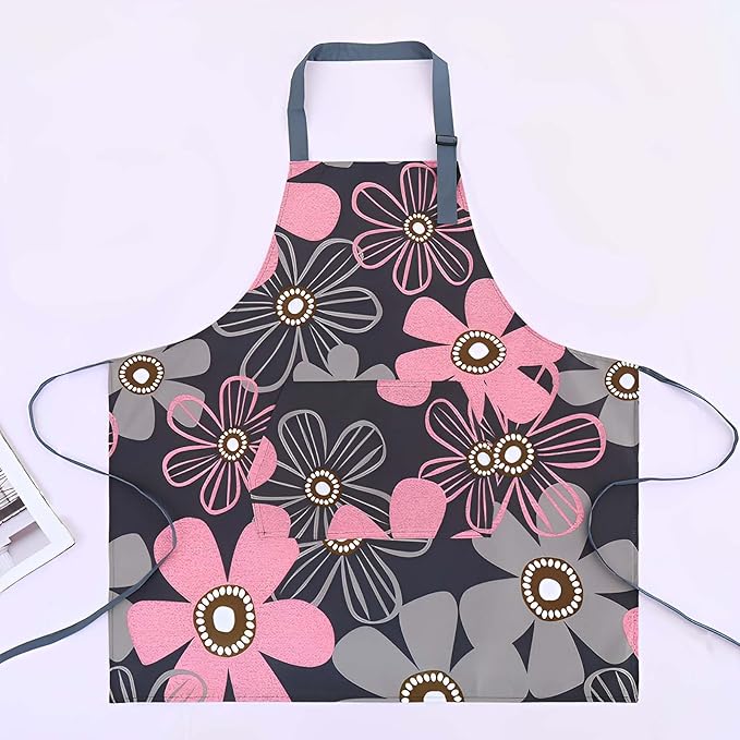 Floral Aprons with Pocket Blooming Women Waterproof Apron Adjustable Neck Long Ties Women Men Cook Baking Garden