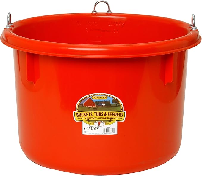 Little Giant® Plastic Round Feeder | Feed Bucket for Livestock | Ultra Durable Round Plastic Bucket | Made in USA | 8 Gallon | Red