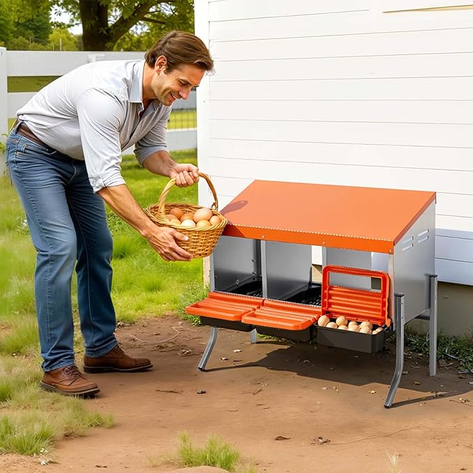 VEVOR Chicken Nesting Boxes, 3 Compartments, with Support Legs, Easy Egg Collection, Galvanized Steel and High-Strength Plastic, Roll Away Nesting Boxes for Chickens and Hens Laying Eggs, Orange