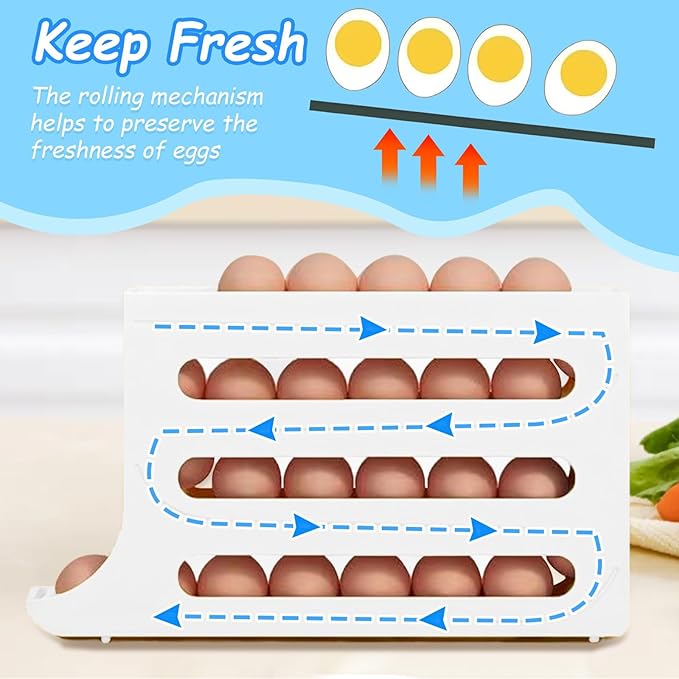 Egg Holder for Fridge, 4 Tiers Dispenser, 30 Egg Container Refrigerator, Large Capacity Organizer Automatic Fridge Rolling Egg Container for Pantry Countertop (White)