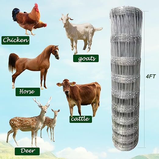 Farm Fence, 4ft x 164ft Galvanized Wire Fencing, Goat, Sheep & Deer, Durable Chain Link Fence, Heavy Zinc Coating Wire Used to Hog Goat Fencing for Yard Garden and Field