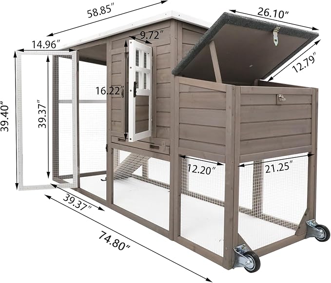 PetsCosset 75" Chicken Coop Backyard with Wheels Nesting Box Waterproof Removable Tray and Ramp Large Hen House for 1-4 Chickens