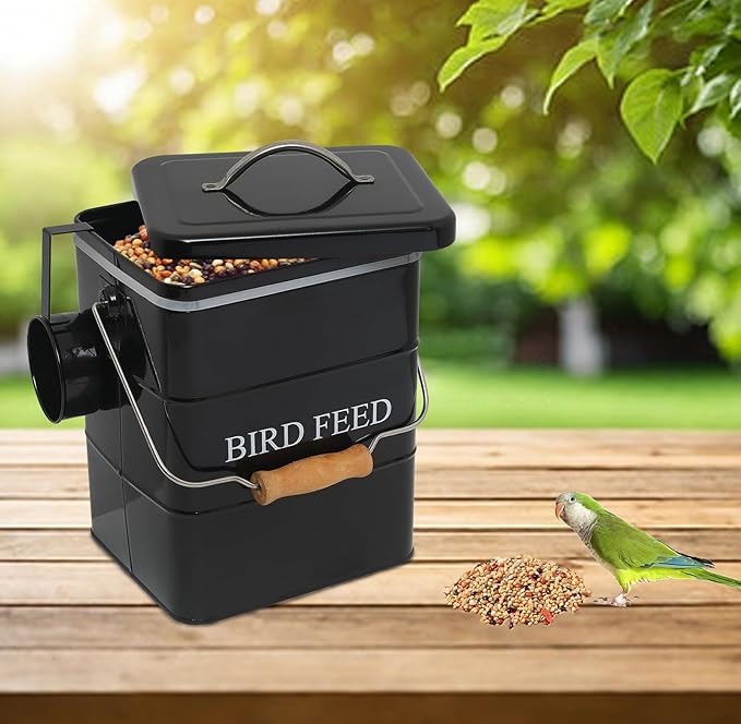 Bird Seed Storage Container Airtight,5~6LB Metal Bird Food Container with Scoop,Wild Birds Feed Tin for Storing Sunflower Seed-Ideal for Outdoor or Indoor-Squirrel proof -Black