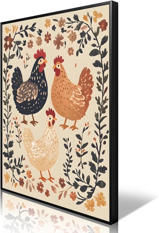 Nursery Animal Canvas Wall Art, Farmhouse Chickens Poster, Rustic Botanical Floral Painting, Cozy Folk Art Print, Countryside Animal and Flowers Painting for Kids Room 12x16in Framed