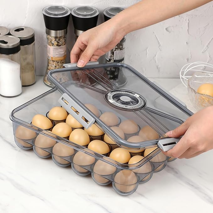 BTSKY Premium Plastic Egg Holder for Fridge - 24 Egg Refrigerator Container, Organizer with Time Reminder and Lid