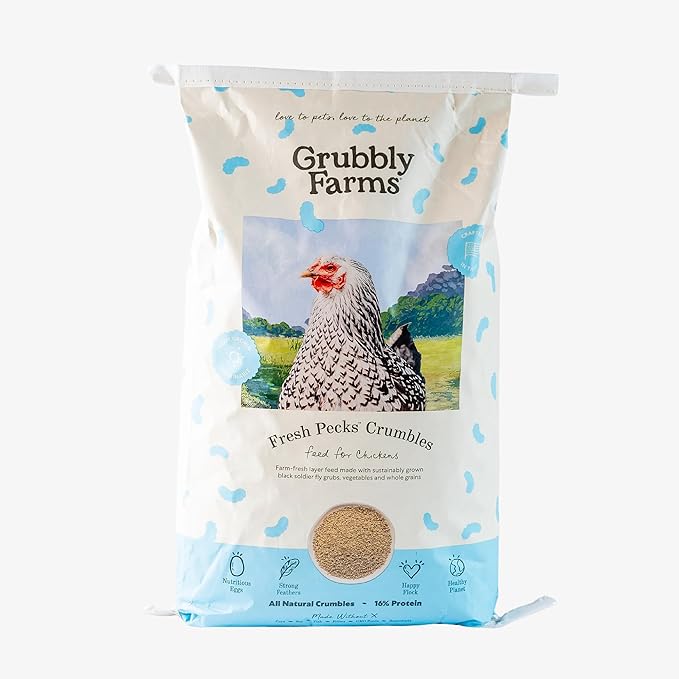 Grubbly Farms Fresh Pecks Layer Chicken Feed Crumbles - 16% Layer Feed for 20+ Week Old Hens, Batams, and Larger Breeds - Contains Black Soldier Fly Grubs - No Soy, Corn, or Fish - 30 lb Bag
