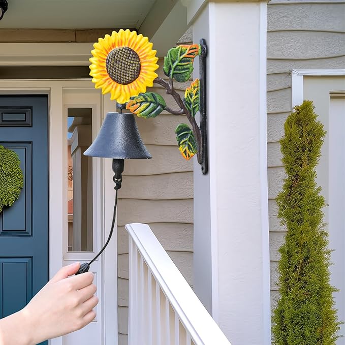Sungmor Heavy Duty Cast Iron Sunflower Hand Bell - Hand-Painted Wall Decor for Indoor/Outdoor Use