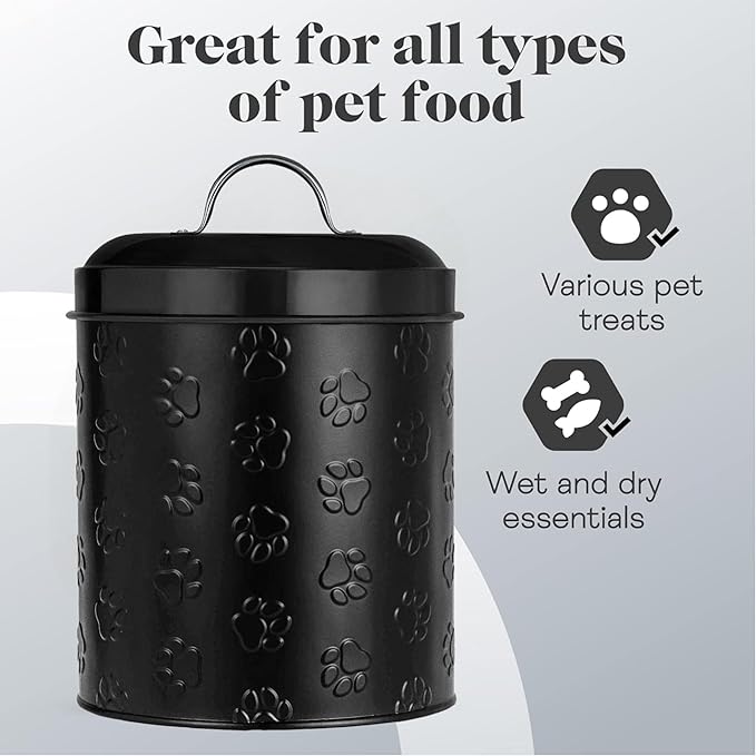 Amici Pet Puppy Paws Black Metal Canister with Embossed Paw Design - Large 140 oz Airtight Food Storage Jar for Wet or Dry Pet Foods - (8" H x 6" W) BPA Free Container for Organization