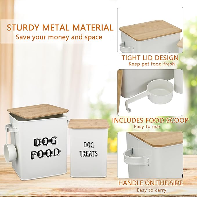 Dog Food Storage Container Farmhouse Pet Food Treats Bin with Lid and Scoop, Perfect Sturdy Canister Tins for Kitchen Countertop, Shelf, Great Gift for Pet Owners - Dog Food