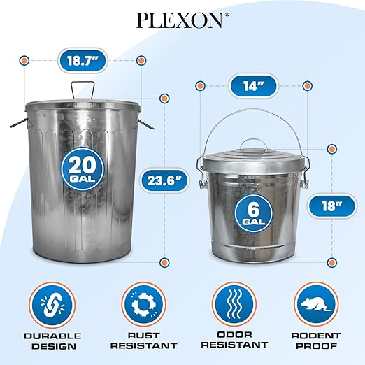 Plexon 20 Gallon Metal Trash Can with Lid and 6 Gallon Small Metal Trash Can with Locking Lid Heavy-Duty Outdoor and Indoor Set for Storage Waste Bird Seed and Farm Use, Bundle