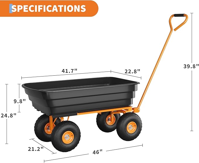 Heavy Duty Garden Dump Cart 1200 lbs, 6 Cu.Ft. Yard Wagon with Quick-Release Tipping, 13" All-Terrain Wheels, 4-Wheel Wheelbarrow for Outdoor Gardening, Farm – Black Bucket & Orange Iron Handle |