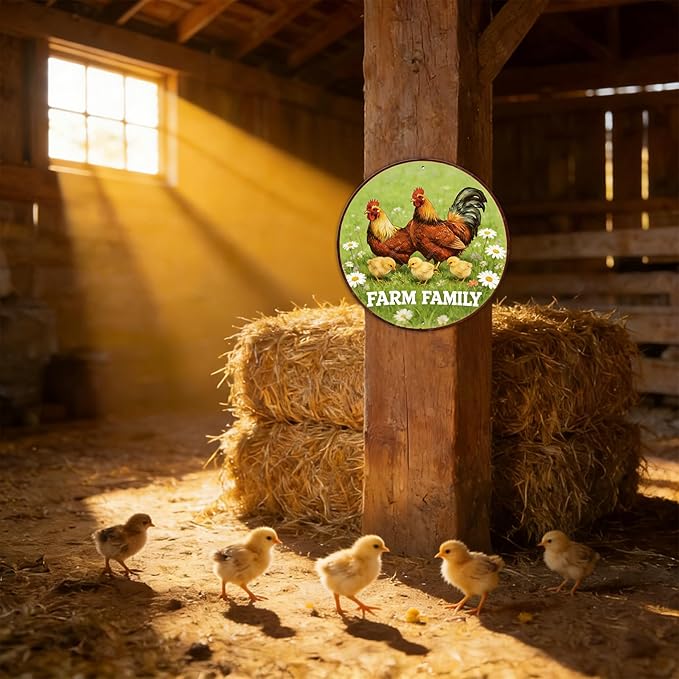 Round Vintage Chicken Metal Sign Farm Family Chicken Coop Sign Home Kitchen Coffee Wall Decor Art Poster 12 Inch