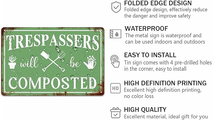 Generic Trespassers Will Be Composted Vintage Metal Tin Sign Funny Garden Sign Warning Sign Garden Decorations Garden Wall Decor Art Plaque Farmhouse Yard Art Vintage Outdoor Sign 8x12 Inch