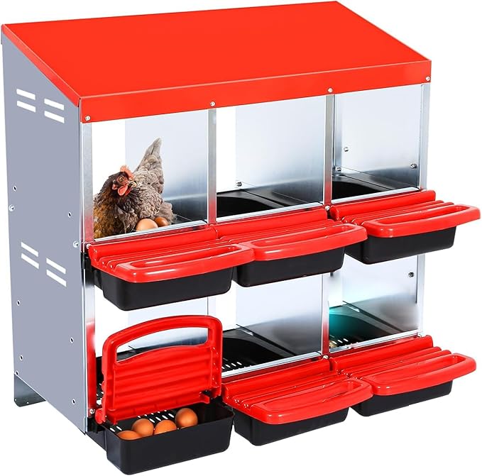 Chicken Nesting Boxes, 6 Holes Metal Chicken Egg Laying Box with Swing Perch and Rollout Egg Collection,for Various Chicken Breeds Without Stand - Red 0.6mm