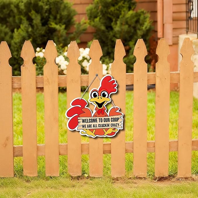 Farmhouse Chicken Coop Decor, Welcome to Our Coop Funny Rooster Sign, Cartoon Painting Style Wood Hanging Plaque, Rustic Farmhouse Wall Art for Porch Patio Barn or Chicken House, 11x10 Inches