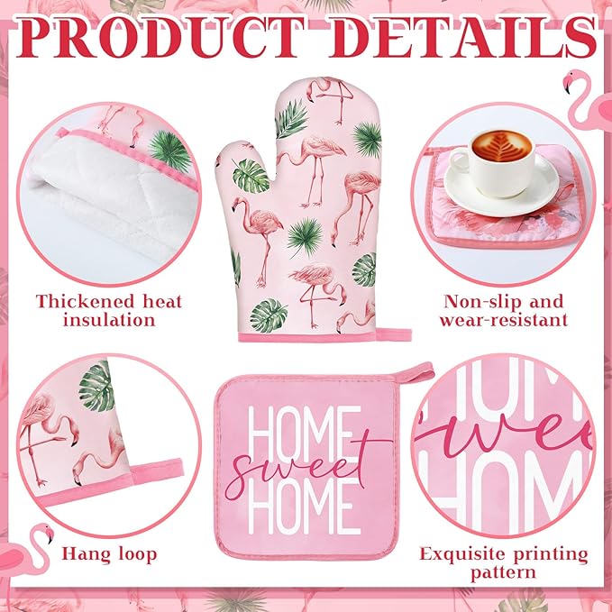 10 Pcs Flamingo Kitchen Dish Towels Rugs Oven Mitts and Pot Holders Set Farmhouse Kitchen Decor Set for Women Mom Daughter Gift Cooking Baking Grilling(Cute Pink)