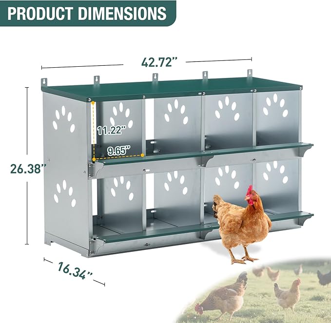 8 Compartment Metal Chicken Nesting Box, Roll Out Hen Laying Box for Easy Egg Collection, Wall Mount Poultry Nest Box for Backyard Chickens, Green, 42.72" L x 16.34" W x 26.38" H