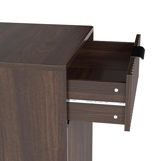 19 Inch Single 10 Gallon Wood Grain Tilt-Down Trash Can Cabinet with Storage Drawer,Wood Grooved Recycling Cabinet with Wave Texture Hidden Pull-Out Trash Can for Kitchen,Bathroom (Walnut-01)