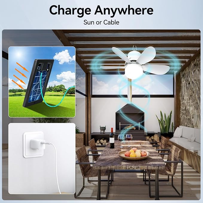 Portable Solar Ceiling Fan with Light & Remote, Dual Type-C/Solar Charging, 3CCT, 5 Brightness, 3 Speeds, 2/4/8H Timer, Tool-Free Setup, 30dB Quiet, Memory Function, 18.5" for Camping, Outdoor