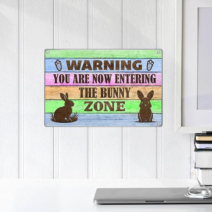 Warning Bunny Zone Metal Sign Funny Rabbit Decor For Lovers And Pet Owners Farmhouse Wall Decoration Easter Accent 12 x 8 Inch Indoor Aluminum Home Vintage Kitchen Art
