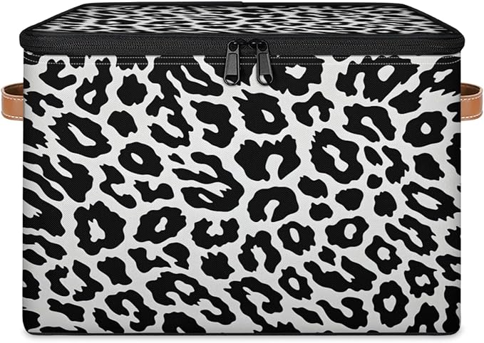 Storage Cubes with Lid Fabric Storage Bins Boxes PU Leather Handles, Leopard Textures Closet Organizer Container Foldable Washable Shelf Cloth Basket, Leopard Print