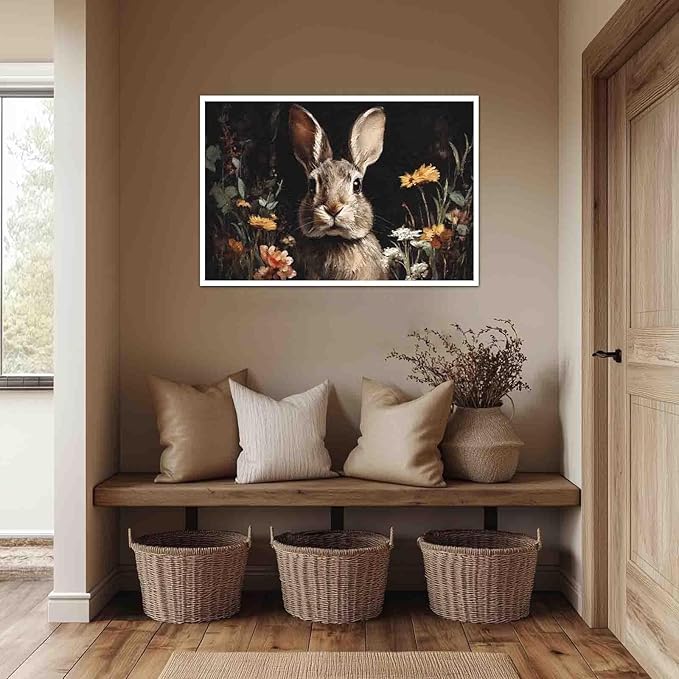 MNFGMH Easter Pictures Wall Decor Rustic Spring Rabbit with Flowers Easter Canvas Print Bunny Wall Art for Home Country Decor Canvas Roll 24x36 inch