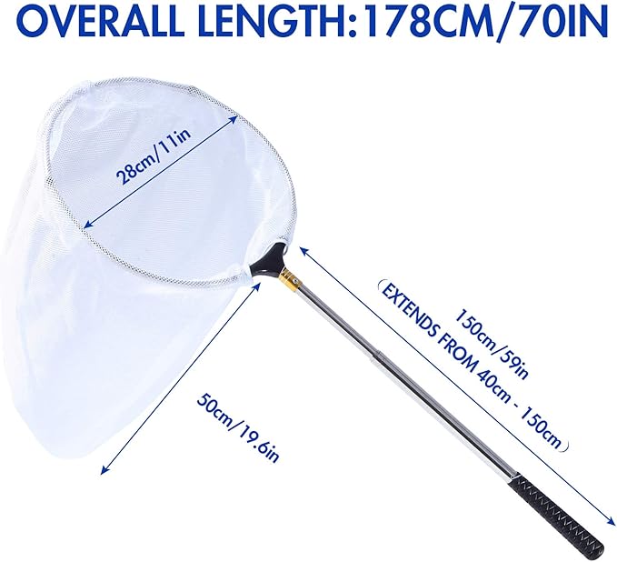 Telescopic Butterfly Net, Stainless Steel Extendable Fishing, 15 in - 70 in Insect Toy Nets for Kids and Family (Silver)