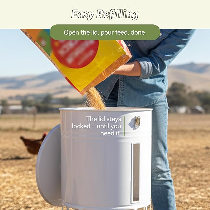 KOL 50LB Chicken Feeder & 5 Gallon Chicken Waterer Set, All-Metal 16 Port Feeder + 8 Cup Auto Waterer, No Waste, Weatherproof Poultry Feeding System Chicken Coop Accessories