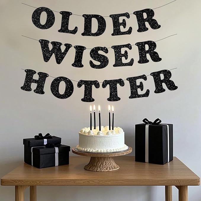 3pcs Pre-Strung Older Wiser Hotter Banner Funny Black Birthday Bunting Sign for Women Men 30th 40th 50th 60th 70th 80th Birthday Party Decorations