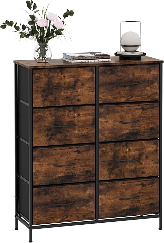 WelFurGeer 8 Drawer Fabric Dresser with Sturdy Metal Frame, Tall Dresser with Fabric Bins, Storage Chest of Drawers for Bedroom, Closet, Kids Room Organization, Rustic Brown Wood Grain Print