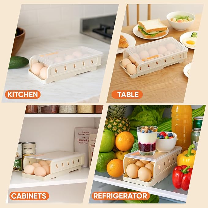 Automatic Rolling Egg Holder for Refrigerator, 1-Pack Stackable Egg Storage Containers, Smooth Glide Track, Steady Base & Dishwasher Safe