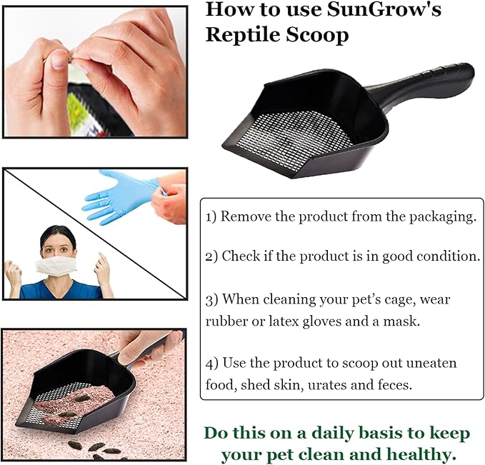 SunGrow Reptile Litter Scoop, Pointed Edge, for Cat & Chicken Coop, Right-Angled Wide and Deep Shovel, Black, 1 Pc per Pack