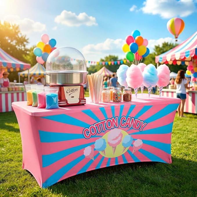 Oudain 6 ft Cotton Candy Stand Tablecloth Elastic Spandex Table Cover Cotton Candy Shop Pink Blue Banner Sign Table Cloth for Business Advertising Carnivals Party Outdoor Concession Stand