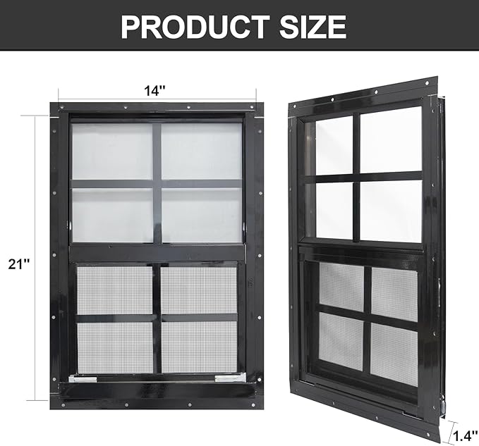 Yuzzy 14" x 21" Shed Windows with Tempered Glass and Fiberglass Screen, 2 Pack Small Sliding Windows for Shed, Chicken Coop, Playhouse, Household, Garage, Barns (Black)