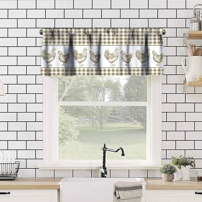 Farm Rooster Valance Curtains Rustic Retro Buffalo Plaid Farmhouse Animals Rod Pocket Curtain Valance for Kitchen Bedroom Living Room Decor 1 Panel W54xL18 Inch