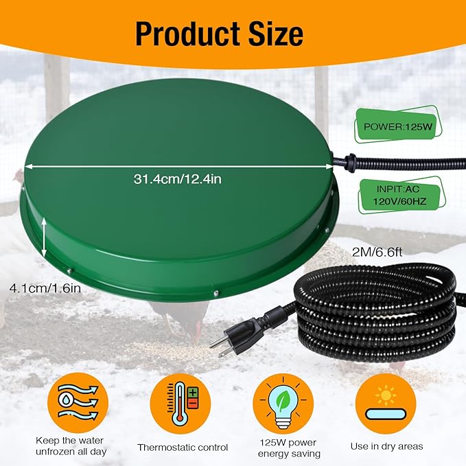 Chicken Water Heater for Winter, 125W Poultry Waterer Heated Base 31.4cm / 12.4in for Metal or Plastic Drinkers 1–5 Gallon, Freeze Proof Thermostat Deicer Chicken Drinker Heater