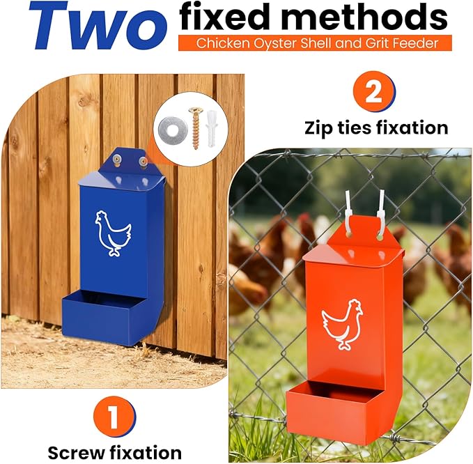 2Pcs Chicken Feeder for Oyster Shell and Grit, Wall Mounted Chicken Food Dispenser No Waste, Hanging Poultry Feeder with Lid, Coop Accessories