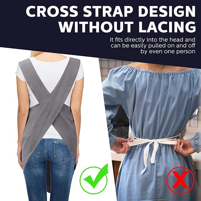 JaGely 2 Pack Japanese Linen Cross Back Kitchen Cooking Aprons for Women Men with 2 Pockets Cute Gardening Dress