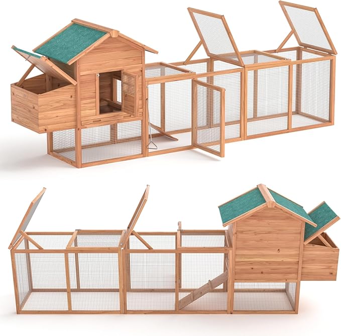 Outdoor Chicken Coop Wooden Hen House Poultry Pet Hutch Run Cage w/Waterproof Asphalt Roof, Ramp, Nesting Box, Wire Fence 121"