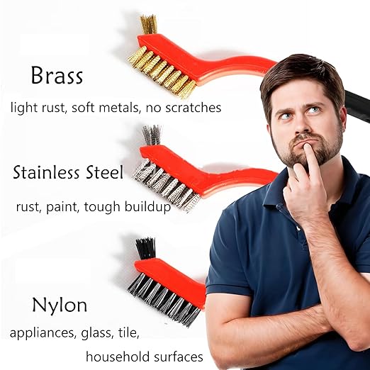 Wire Brush Set (3-Pack) for Precision Cleaning – Brass, Nylon & Stainless Steel Brushes for Rust Removal, Delicate Surfaces & Tight Spaces – 7-Inch Curved Handle