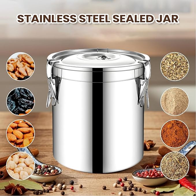 Airtight Food Storage Containers, 20cm Stainless Steel Rustproof Bin, 6L Kitchen Organization for Rice Grain Cereal Sugar Snack Oil Milk, 7.87 Inch Large Metal Canister, Home Apartment Pantry, 1pc