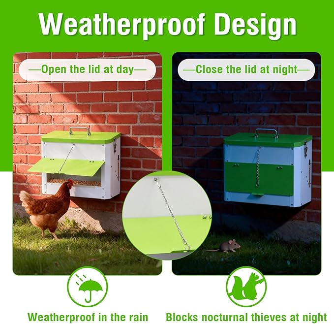 Hanging Chicken Feeder No Waste,20LBs Metal Chicken Feeder with Rainproof Cover & Lockable Flip-Door,Wall-Mount Heavy Duty Feeder for Chicken Coop and Outdoor Use