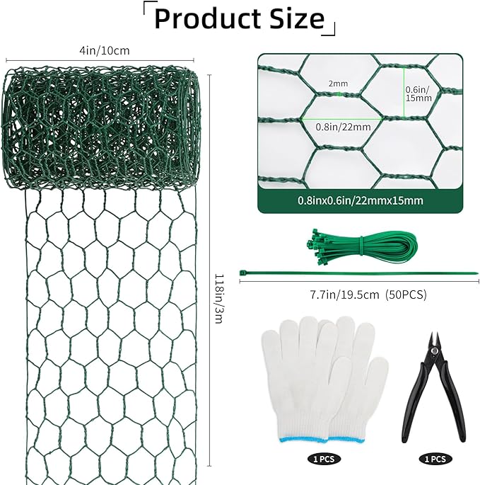 Chicken Wire for Floral Arrangements, 4 x 118 Inch Green Floral Wire Netting with Plier Gloves Zip Ties, 2mm Thickness Chicken Wire Fence for Garden Poultry