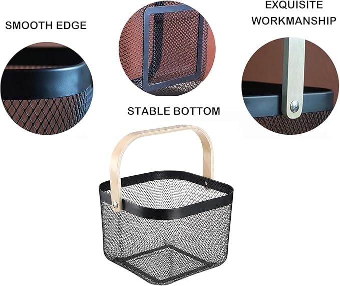 Metal Mesh Wire Basket, Large Steel Basket with Wooden Handle Storage Organizer Basket Multi-functional Hanging Kitchen Baskets Fruit Baskets for Kitchen Bathroom Cabinet Pantry Snacks, Black