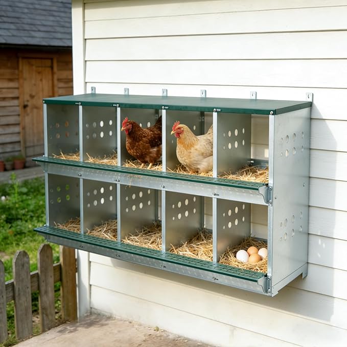 10 Compartment Metal Chicken Nesting Box, Roll Out Hen Laying Box for Easy Egg Collection, Wall Mount Poultry Nest Box for Backyard Chickens, Green, 53" L x 16" W x 26.30" H