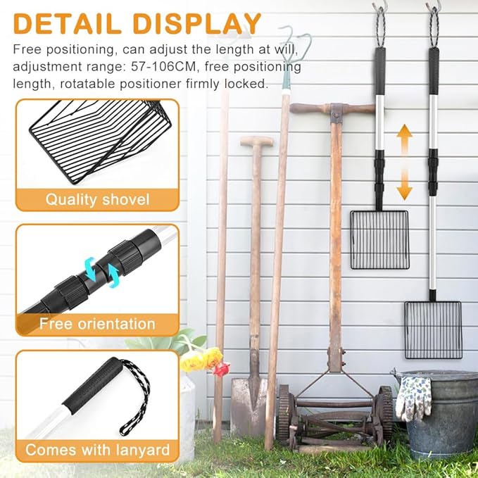 Large Metal Chicken Poop Scooper, Stretchable Long Chicken Coop Litter Scoop, 4 in 1 Multifunctional Heavy Duty Litter Sifting Shovel(Black,Size:22 to 42inch)