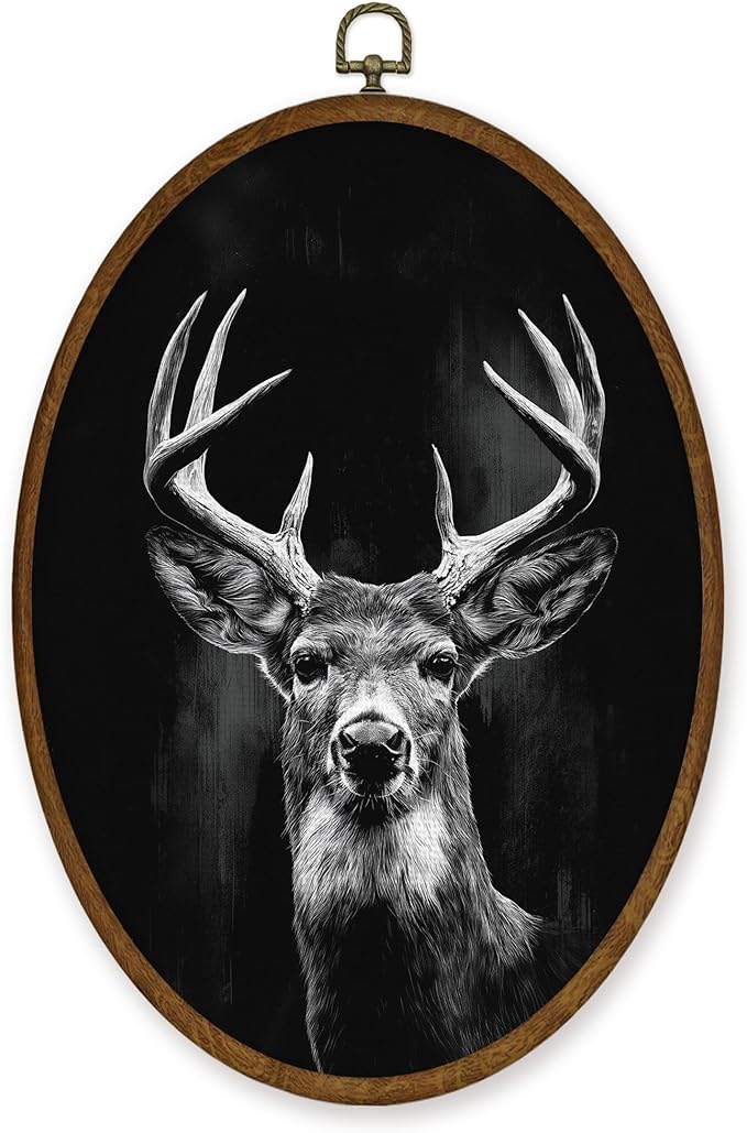 WULQYING Vintage Deer Wall Art Decor, Moody Dark Academia Stag Oval Framed Canvas Art Prints, Rustic Farmhouse Forest Animal Wall Hanging Decor for Home Bedroom Living Room, 8.6x11.4 Inches