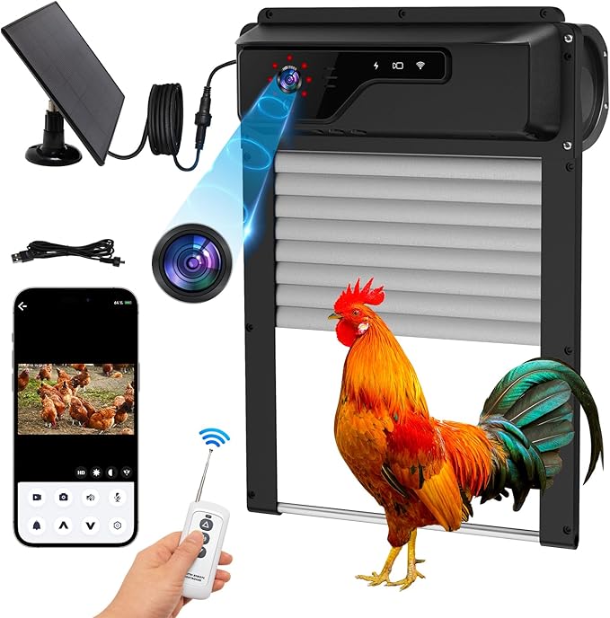 Automatic Chicken Coop Door with WiFi HD1080P Camera,Auto Solar Chicken Coop Door Opener with Timer,APP Remote Control,5000mA Battery,Night Vision,Alarm Drive for Poultry Safety（Gray）