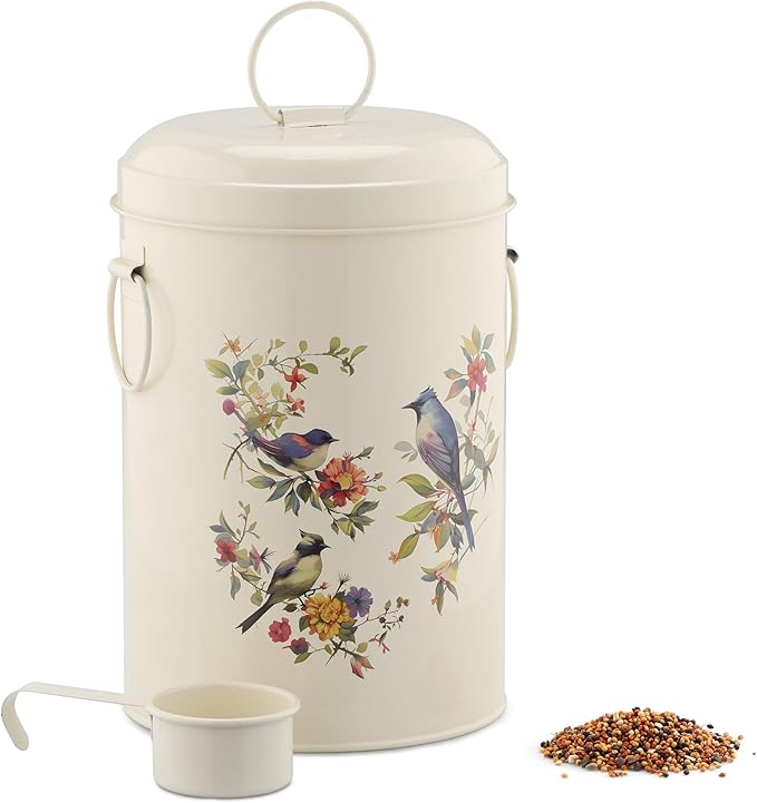 Navaris Bird Seed Storage Container - Metal Pet Food Box with Lid & Handles - Includes Handy Scoop - Outdoor Containers for Birdseed, Chicken Feed, & More - Cream with Bird Design