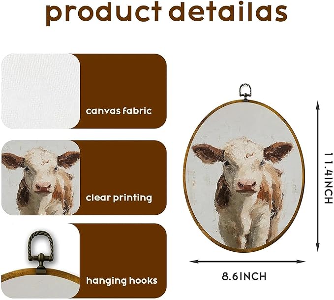 zewepri Rustic Farm Animal Oil Painting – Mini Cow Canvas Art, Cute Wall Decor for Home, Bedroom, Living Room, or Cow Lover Gift, 8.6×11.4″